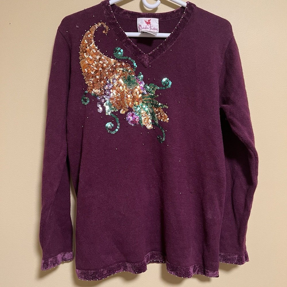 Vtg Quacker Factory Women's Sweater Autumn Harvest Sequin Knit Cornucopia Sz M